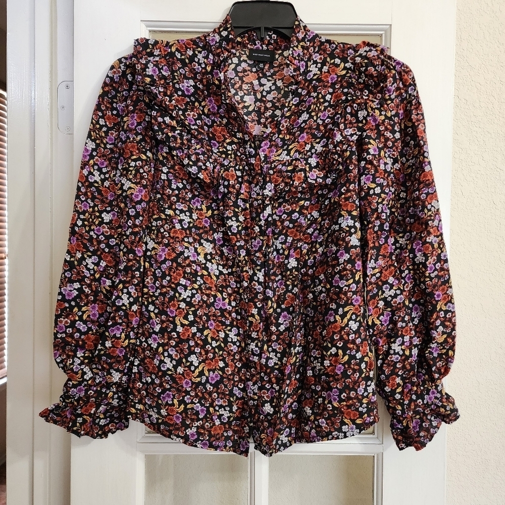 Who What Wear Floral Ruffle Blouse Medium Black Boho Button Front Long Sleeve